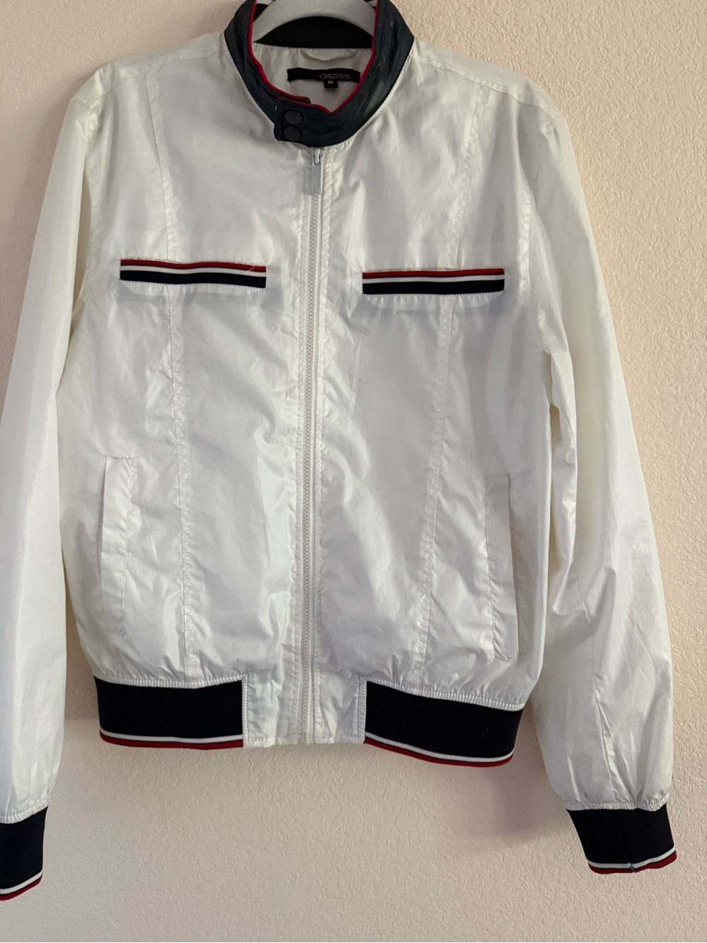 Men's White Zip-Front Bomber Jacket with Navy & Red Trim M size